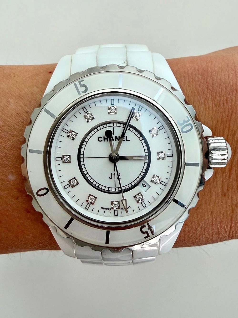 Chanel J12 White Ceramic 33mm Diamond Dial Watch White Ceramic Watch Silver Tone